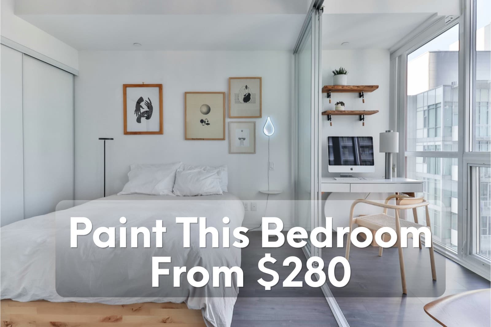 A bright Toronto condo bedroom with white walls, captioned Paint This Bedroom From $280